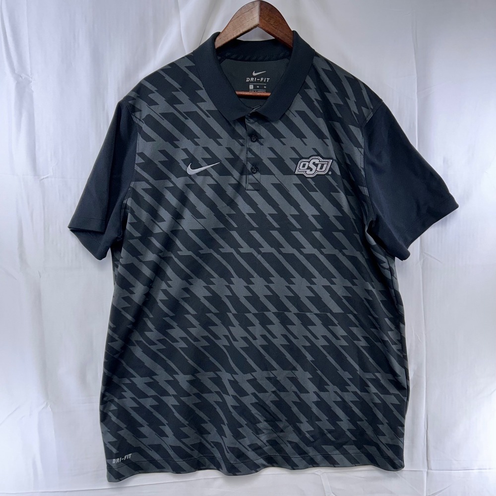 Nike Polo Shirt Mens XL Black Grey OSU Oklahoma State Cowboys Dri-FIT Geometric